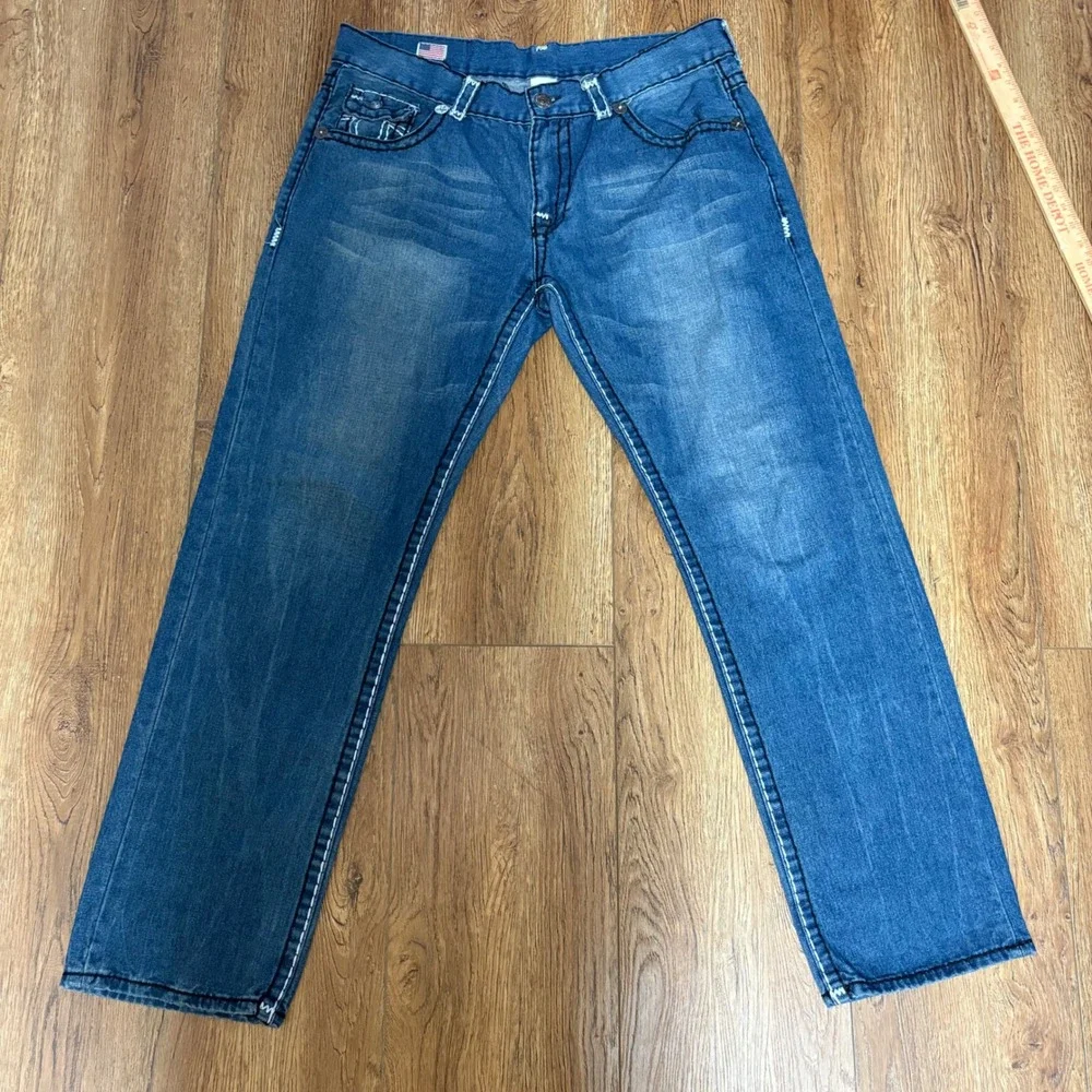Y2K True Religion USA Made Thick Stitch Blue Jeans‎ Straight Leg Mens 40x33 VTG
